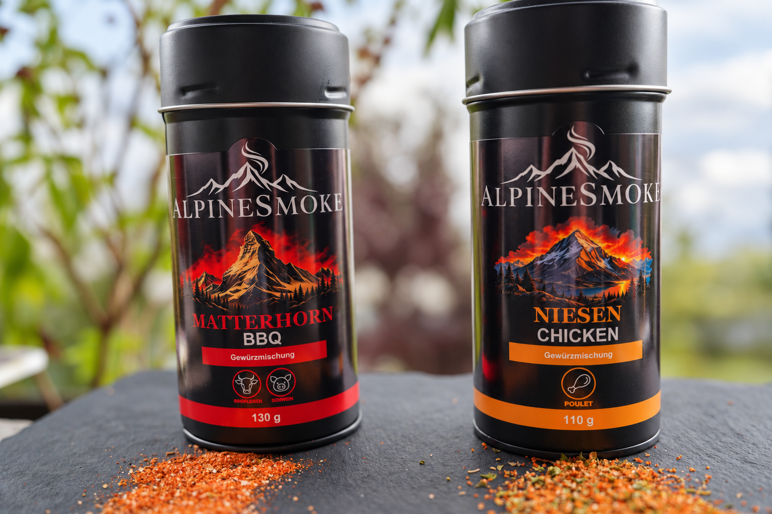 AlpineSmoke Matterhorn BBQ und Niesen Chicken Gewürzdosen