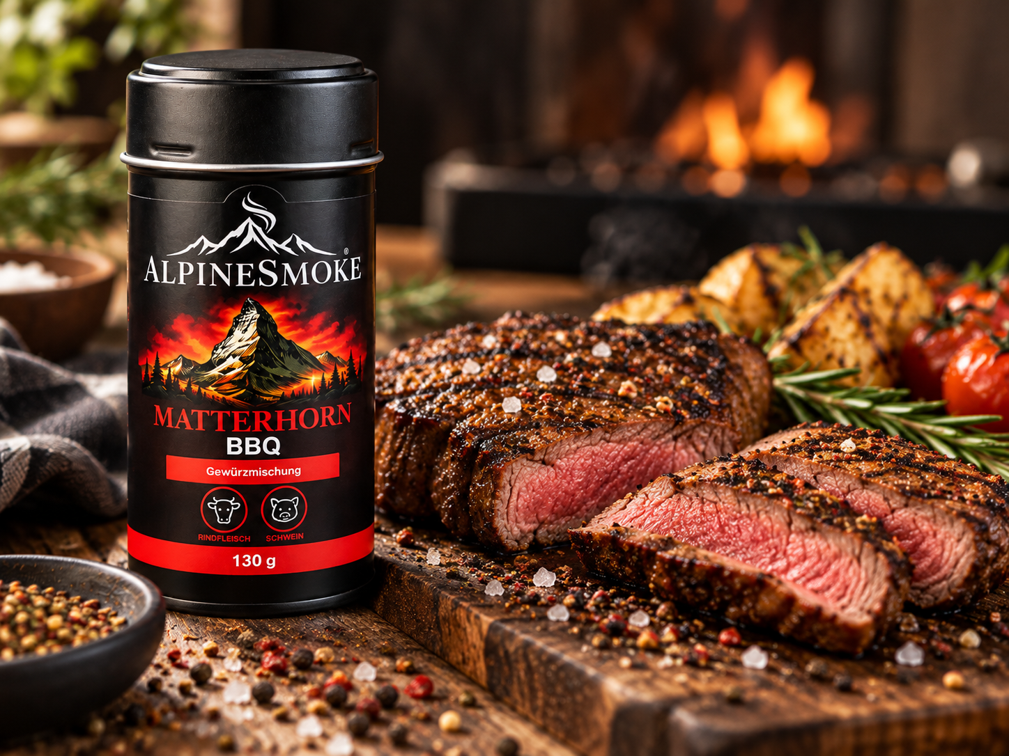 Gegrilltes Steak neben Matterhorn BBQ Gewürzmischung von AlpineSmoke