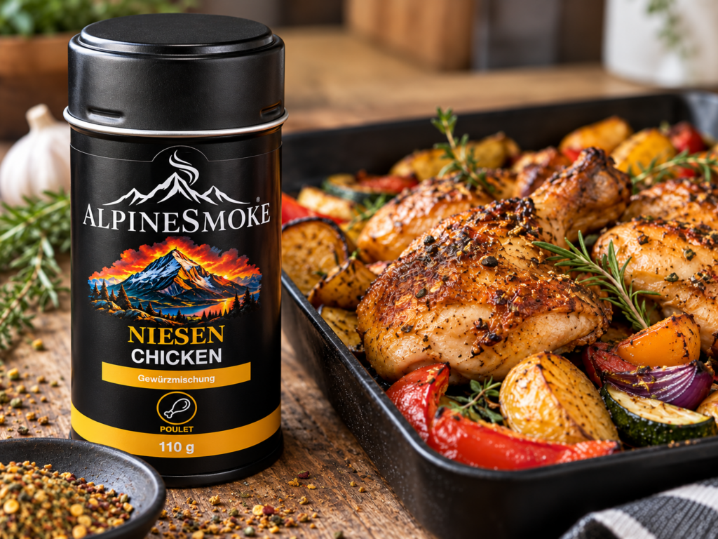 Knuspriges Ofen-Poulet mit Gemüse neben Niesen Chicken Gewürzmischung von AlpineSmoke
